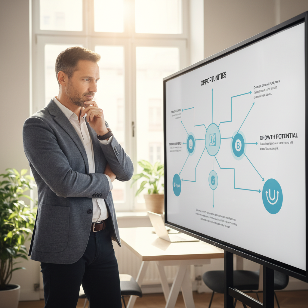 A male business owner analyzing growth opportunities across freelance platforms on a large digital screen in an office.