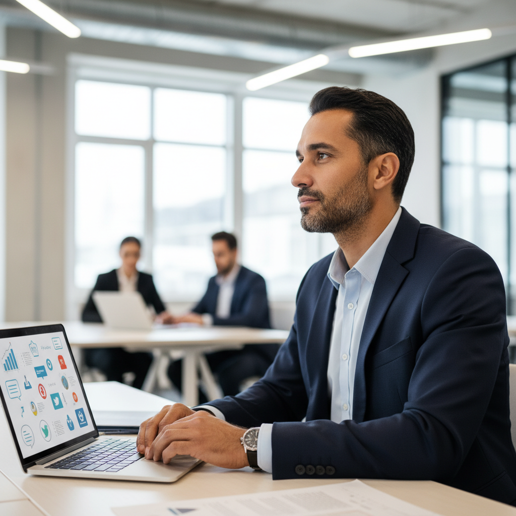 A male professional thoughtfully considering career opportunities in a modern office.