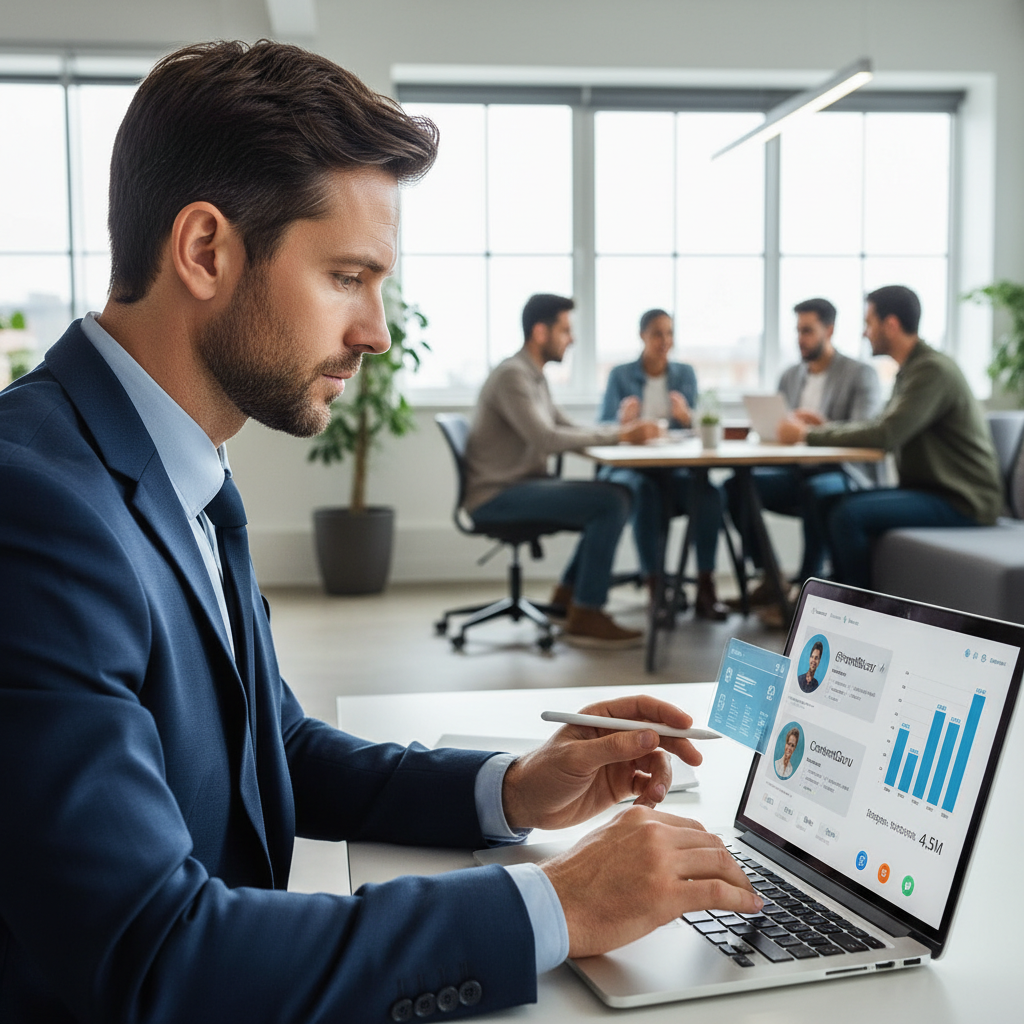 A male social media strategist finds influencers using an analytics tool on a laptop.