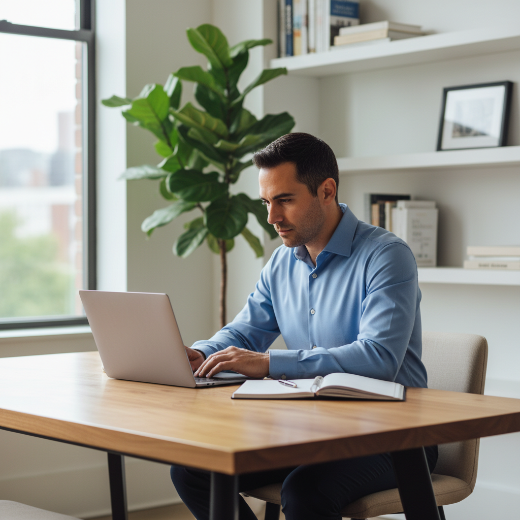 A man working diligently on a laptop at a clean home office desk.