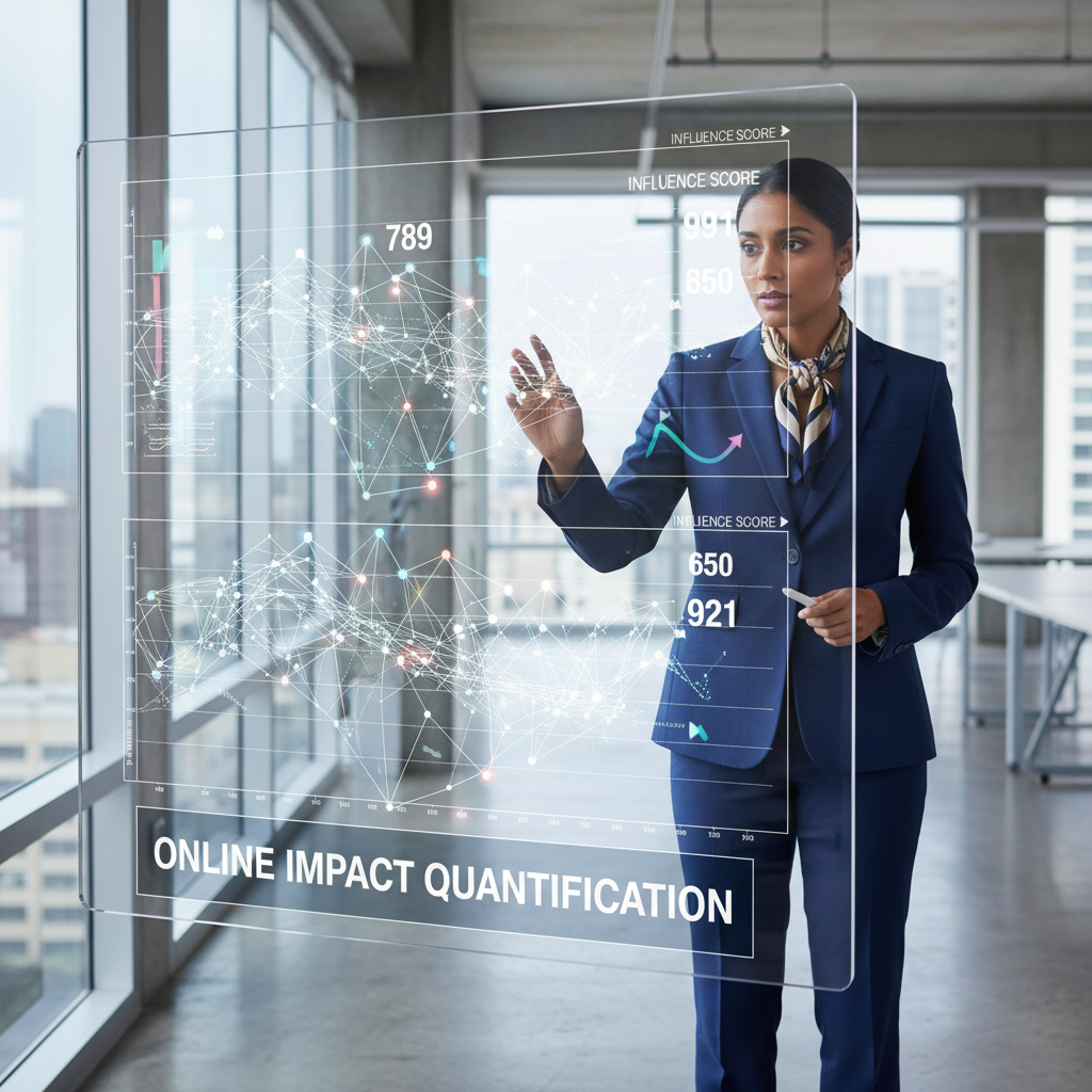 A marketing executive analyzing social media influence metrics and data visualizations on a digital screen in a modern corporate office.