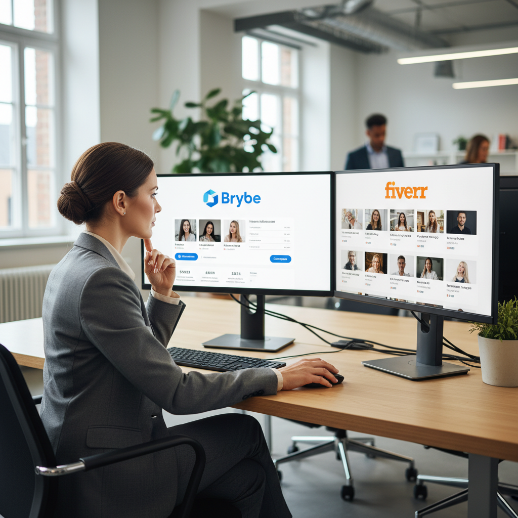 A marketing manager comparing Brybe and Fiverr freelance platforms on two computer screens in a modern office.