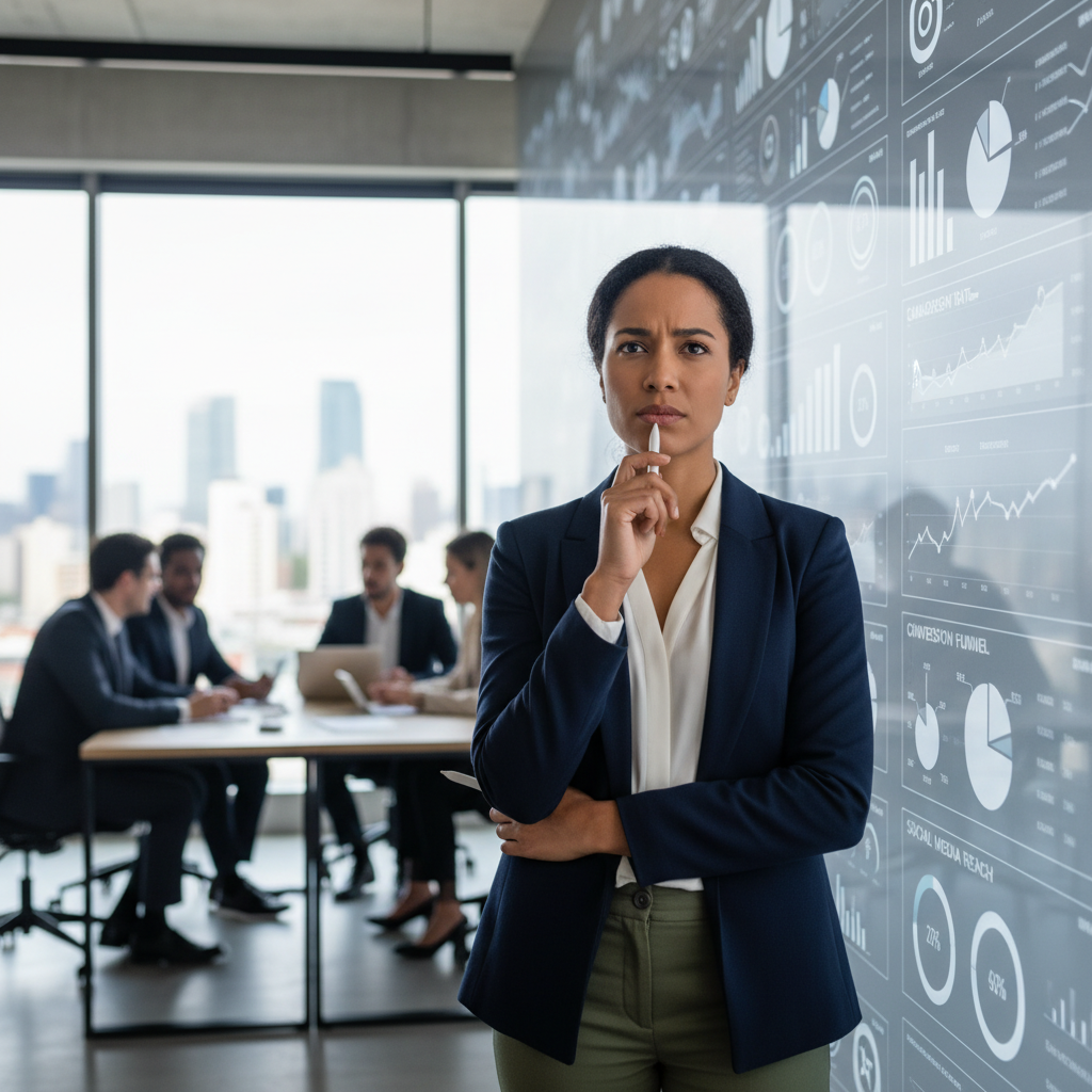A marketing professional analyzes data on a large digital screen in an office.