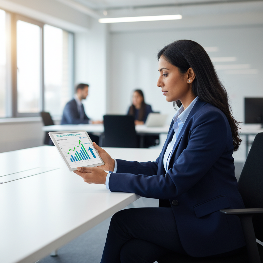 A marketing professional analyzing financial data and growth charts on a tablet in a modern office.