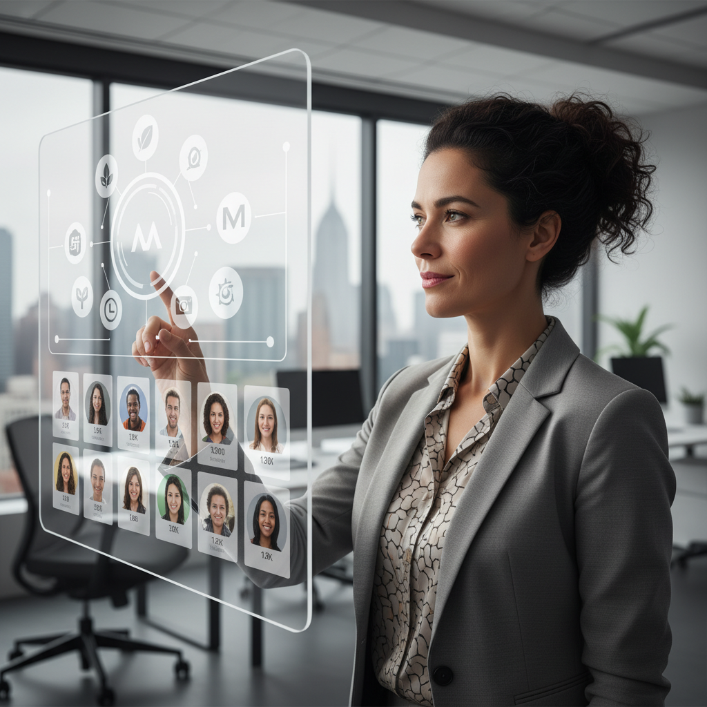 A marketing professional viewing a digital screen displaying brand logos and nano-influencer profiles, illustrating brand-influencer connection.