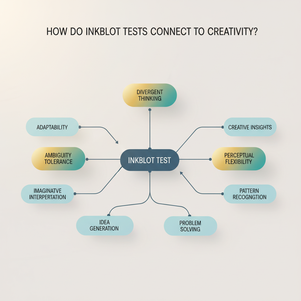 A mind map infographic illustrating the connection between inkblot tests and creativity, showing how ambiguity tolerance and divergent thinking lead to creative insights.
