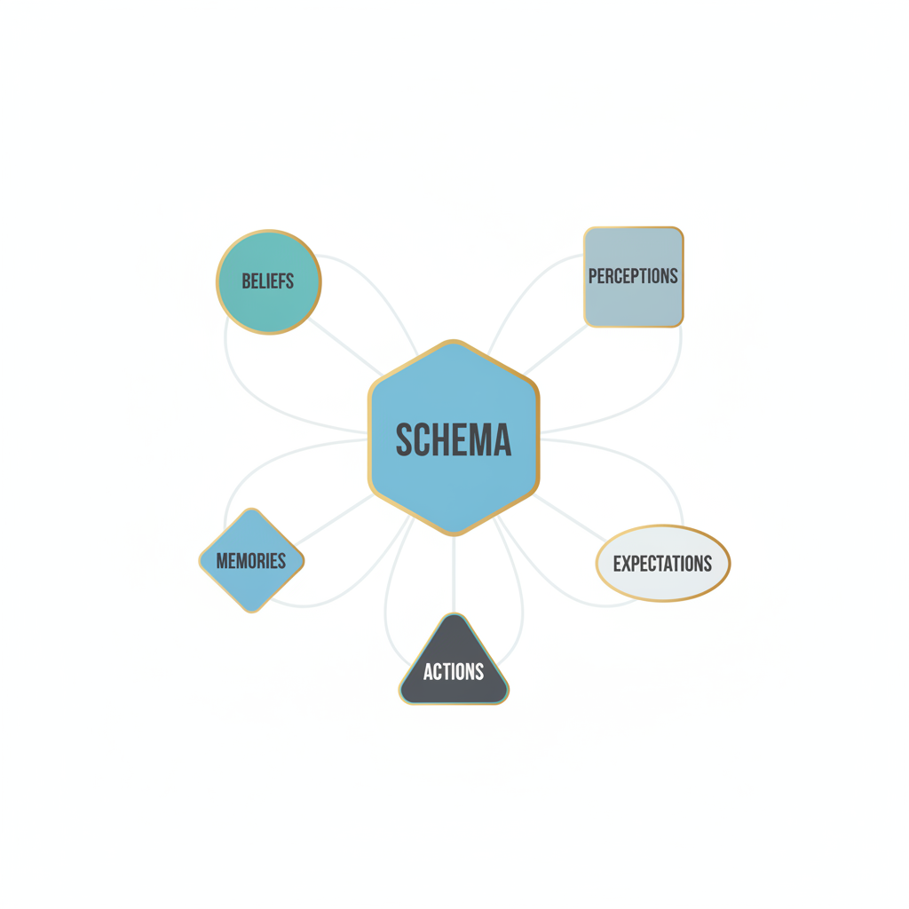 A minimalist cognitive network diagram showing a central 'Schema' node connected to multiple smaller nodes representing beliefs, perceptions, and actions, illustrating their interconnectedness.