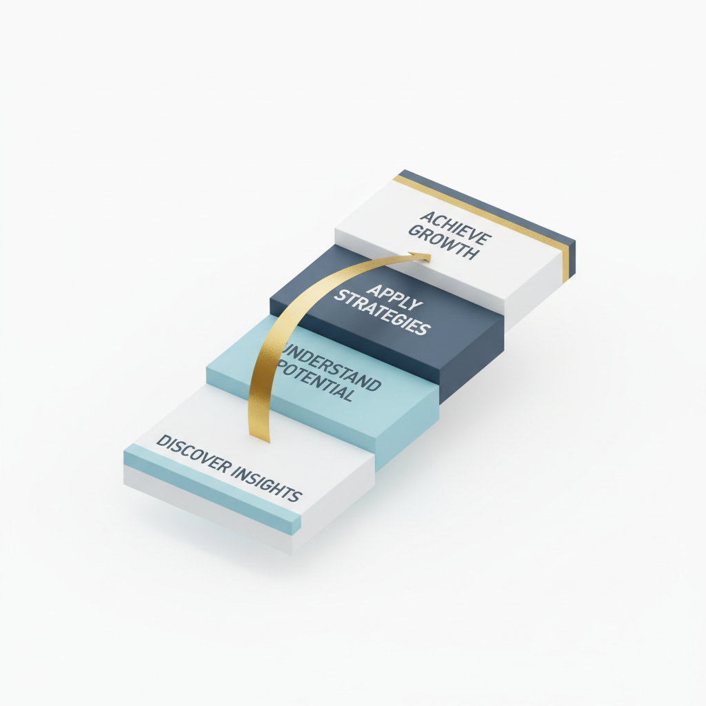 A minimalist infographic depicting a layered, upward progression of abstract geometric shapes, symbolizing steps for personal and professional growth using assessment results.