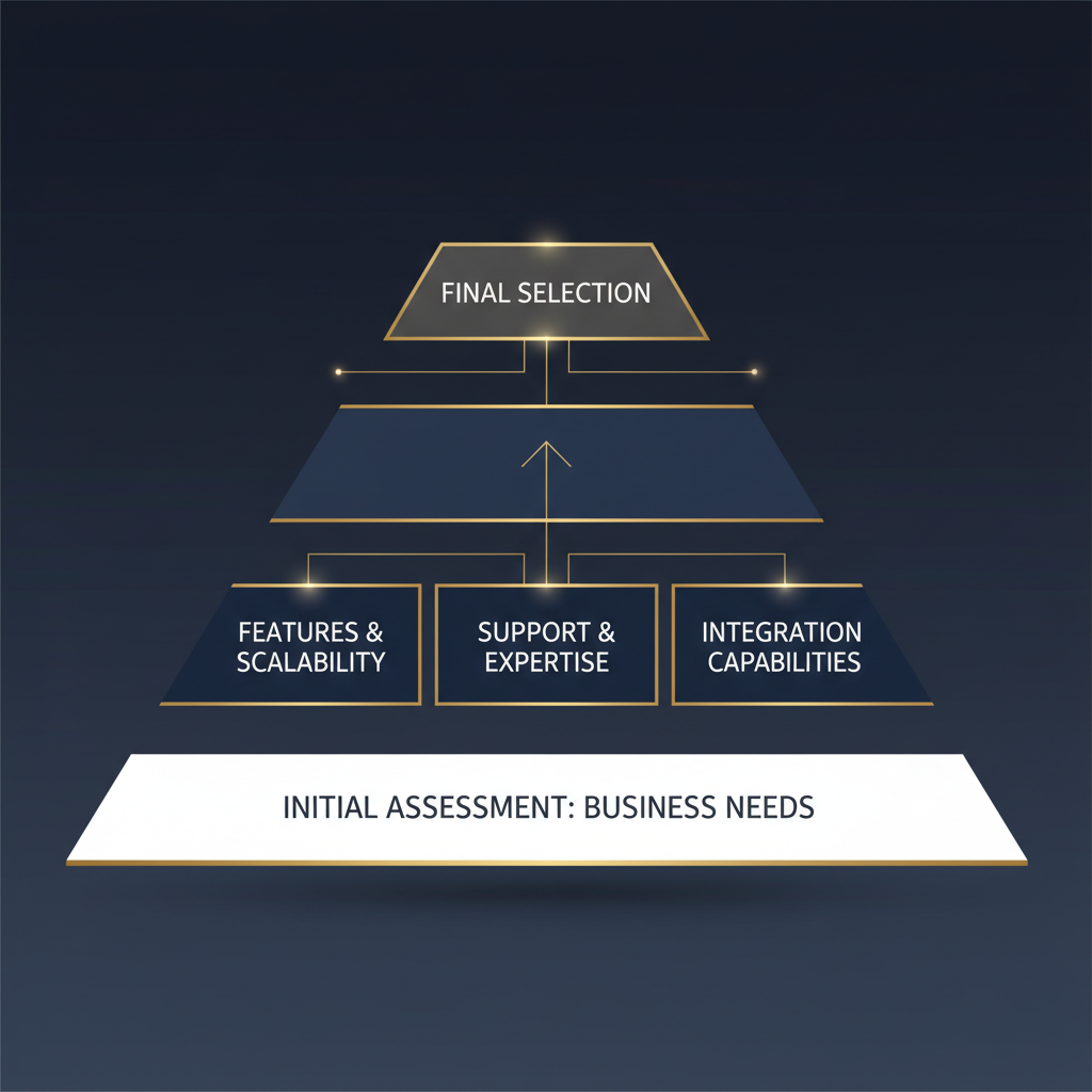A minimalist infographic depicting a step-by-step or layered framework for choosing a website building service, highlighting key decision factors with geometric shapes and gold accents.