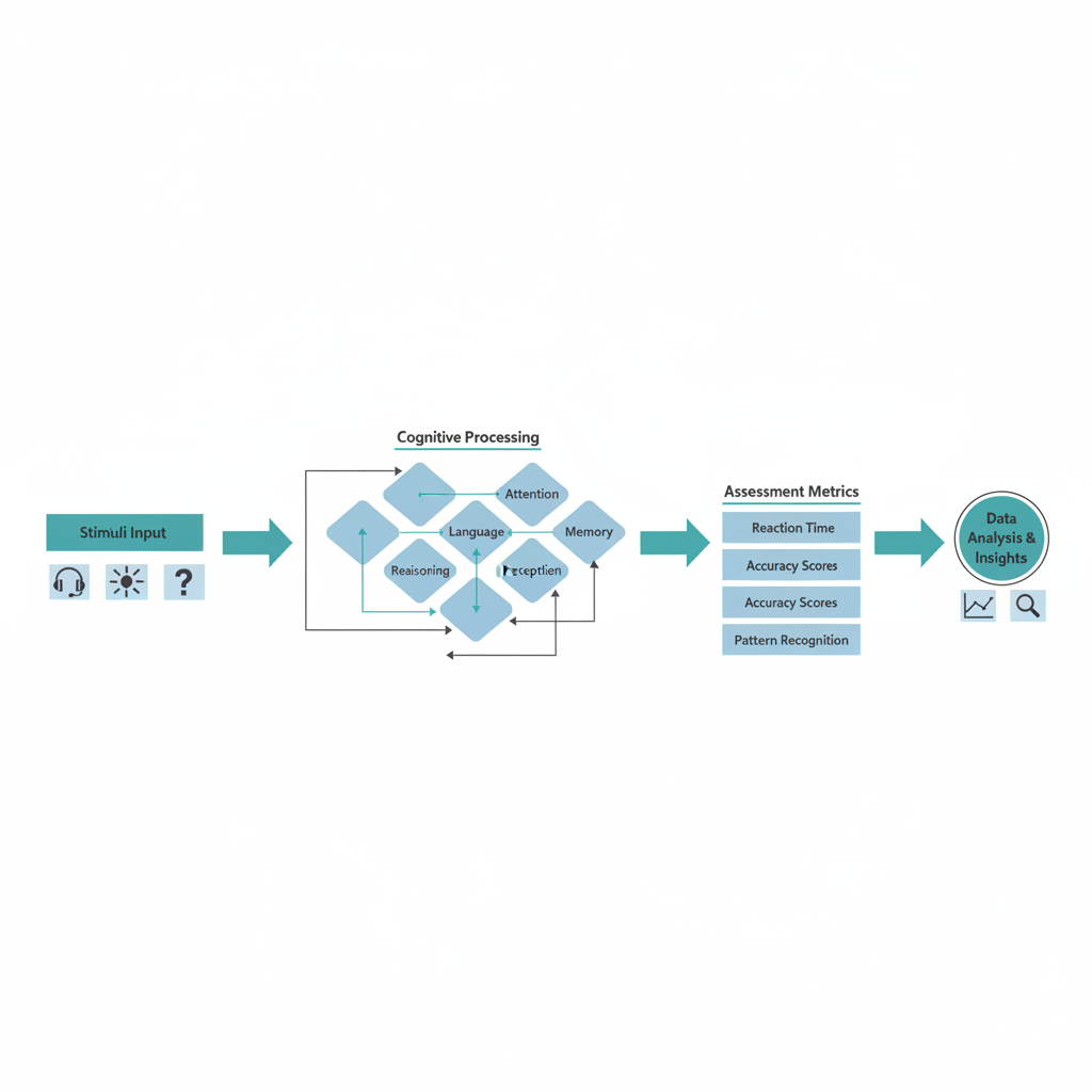 A minimalist infographic depicting a stepwise process of how psychology tests measure brain function, from stimuli input through cognitive processing to data analysis and insights.
