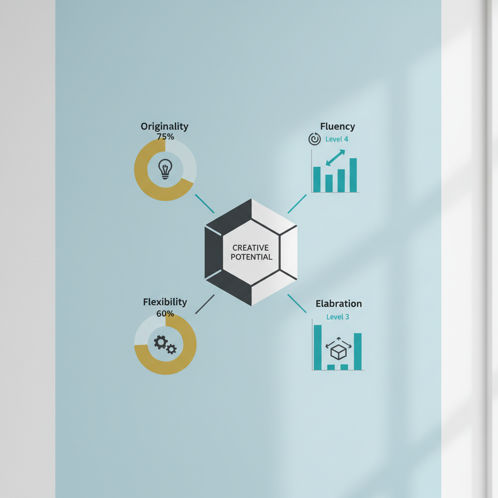 A minimalist infographic displaying a creative ability assessment chart with indicators for originality, fluency, flexibility, and elaboration.