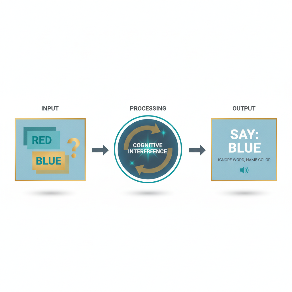 A minimalist infographic illustrating the steps of the Stroop Test, showing conflicting input stimuli, cognitive processing with interference, and the resulting response.