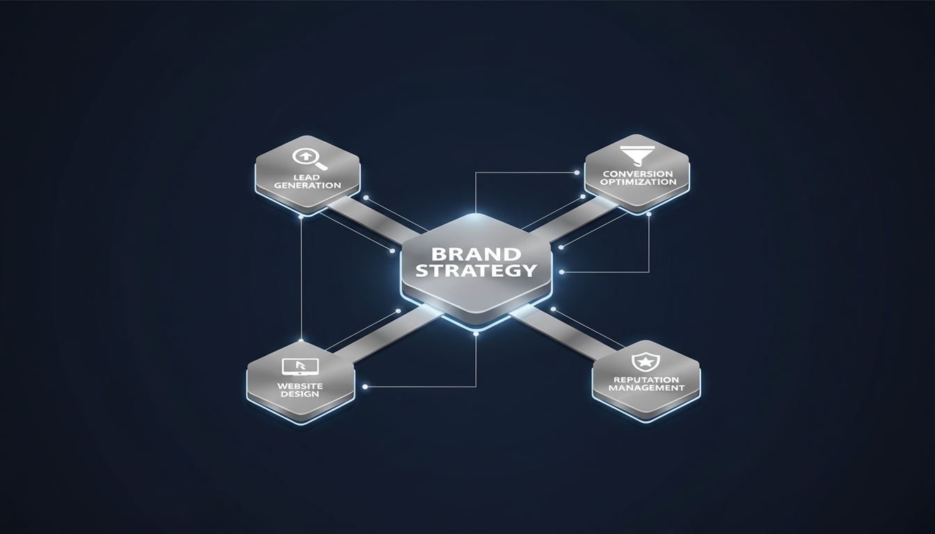 A minimalist isometric diagram showing a core brand strategy branching out into various marketing services like lead generation and web design.