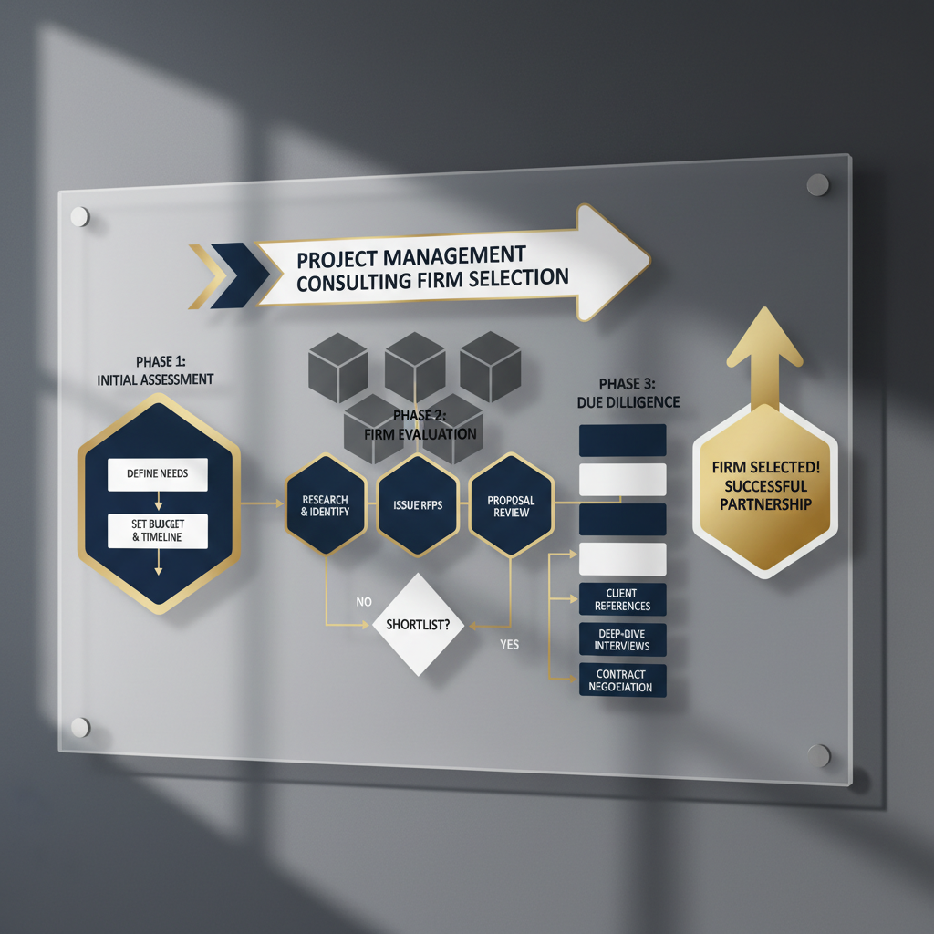 A minimalist, step-by-step infographic showing the process for choosing a project management consulting firm, using geometric shapes.