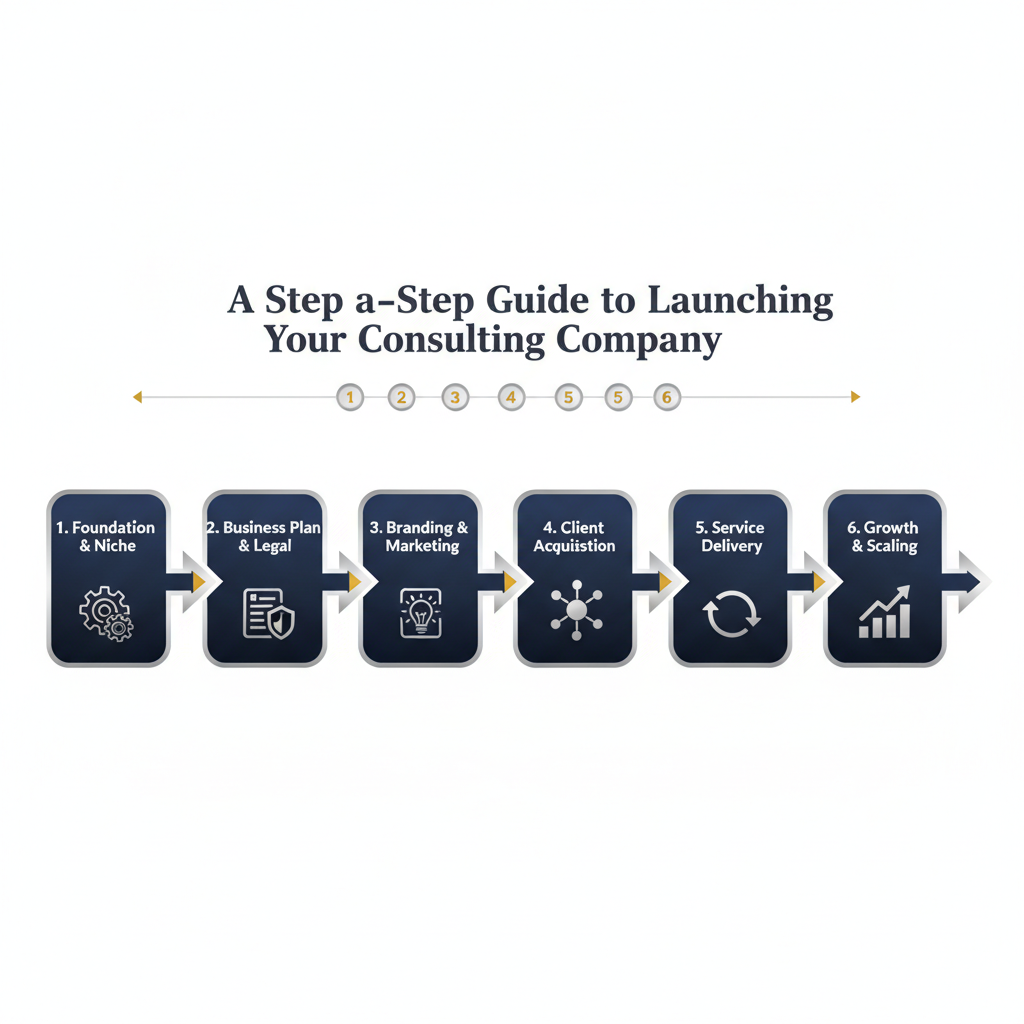A minimalist, vector-based infographic depicting a multi-stage, linear process flow diagram for launching a consulting company, using geometric shapes and a deep navy, white, charcoal, and silver/gold color palette.