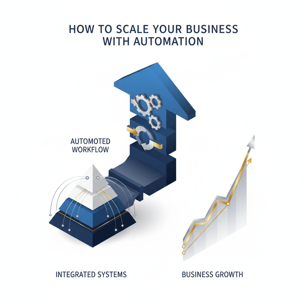 A minimalist, vector-based infographic illustrating business scaling through automation, featuring interconnected systems, workflow diagrams, and ascending growth charts, using geometric shapes and a deep navy, white, charcoal, and silver/gold color palette.