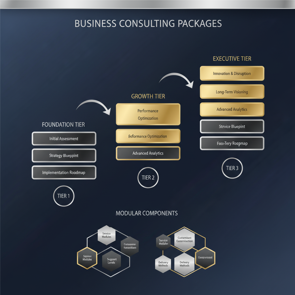 A minimalist, vector-based infographic showing a structured diagram with modular components or tiered options for business consulting packages, using geometric shapes and a deep navy, white, charcoal, and silver/gold color palette.