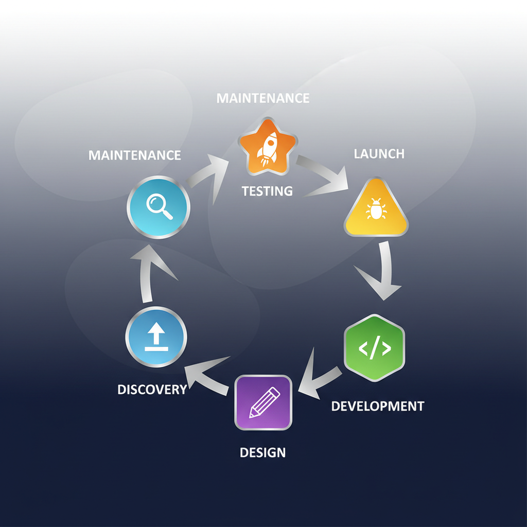 A minimalist workflow diagram infographic illustrating the typical web design and development process with distinct, interconnected geometric stages like Discovery, Design, and Launch.