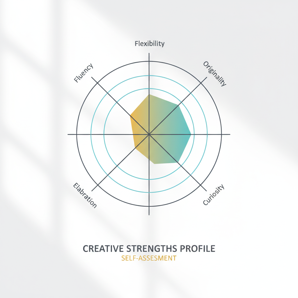 A multi-axis radar chart visualizing different creative thinking patterns such as fluency, flexibility, and originality, depicted with professional, minimalist vector graphics.