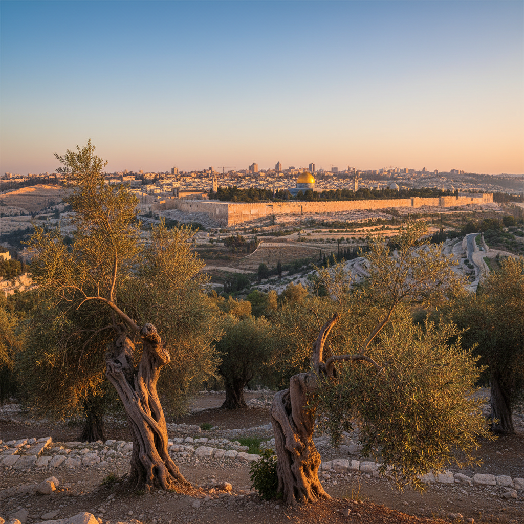 A panoramic view of the ancient Mount of Olives with gnarled olive trees and the Jerusalem skyline in the distance at golden hour.