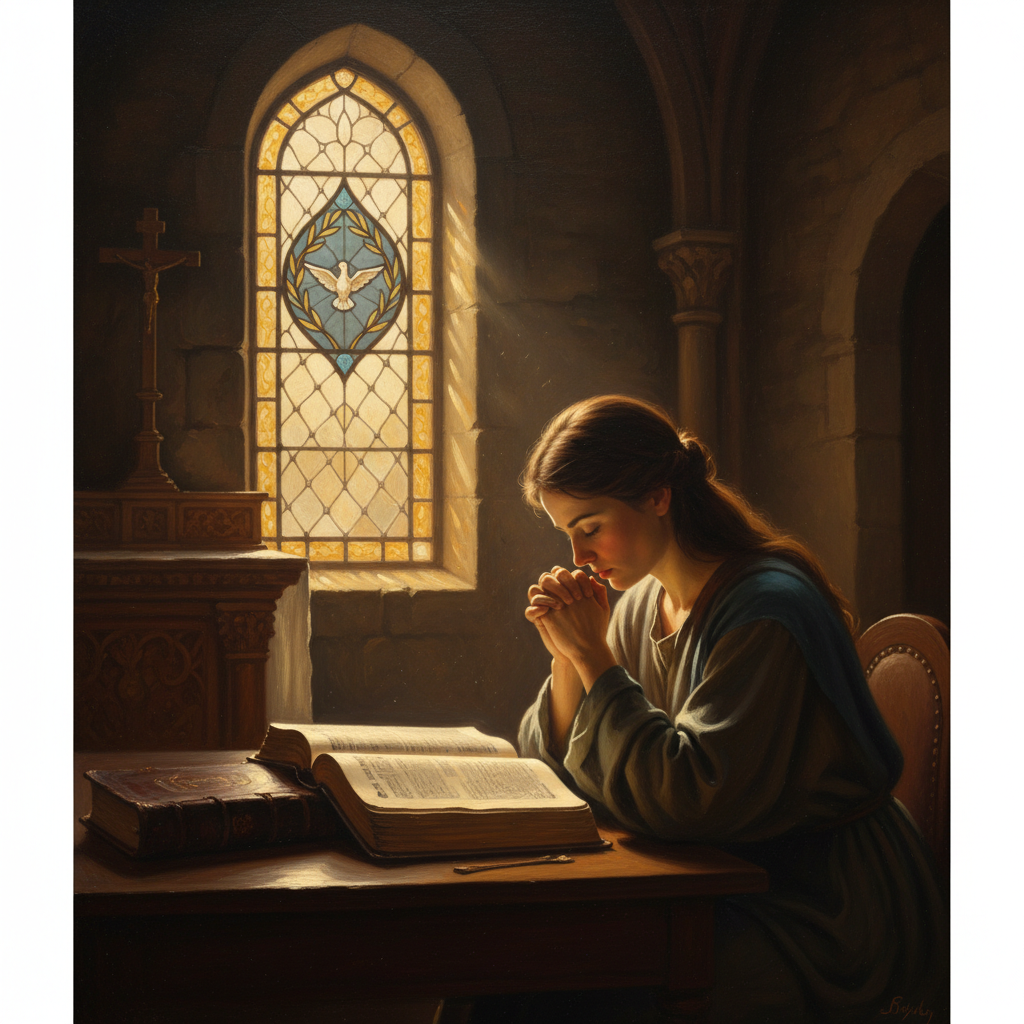 A person engaged in prayerful reflection with an open Bible, bathed in soft, warm light.