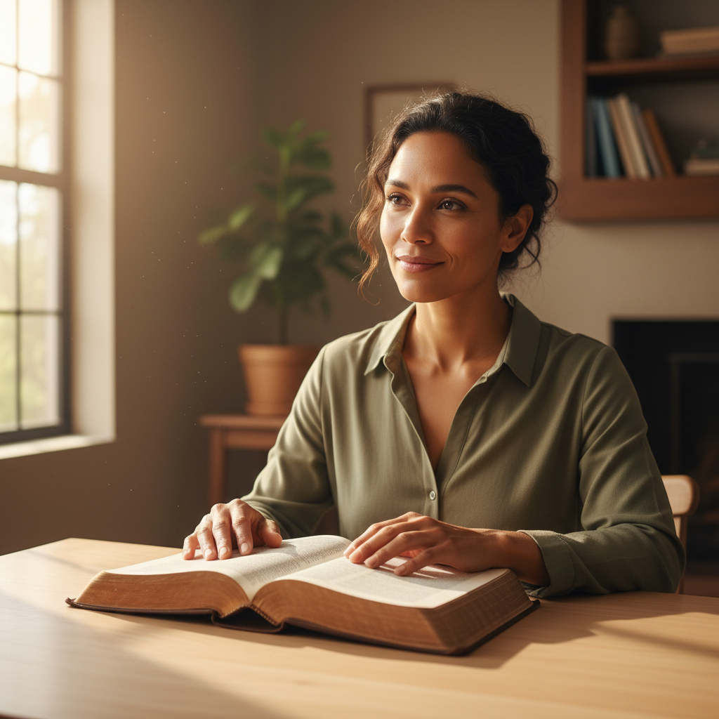 A person intently reading an open Bible on a wooden table, bathed in sunlight.