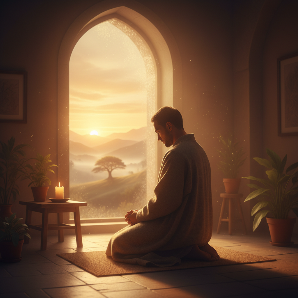 A person kneeling in quiet prayer and contemplation, bathed in soft, warm light, conveying peace and gratitude.