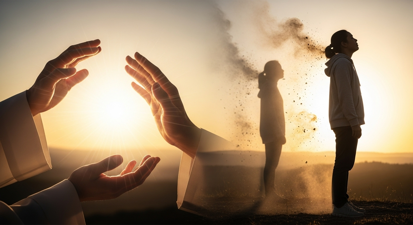 A person stands empowered and healed by divine anointing, with glowing hands extended in blessing, symbolizing transformative spiritual power.
