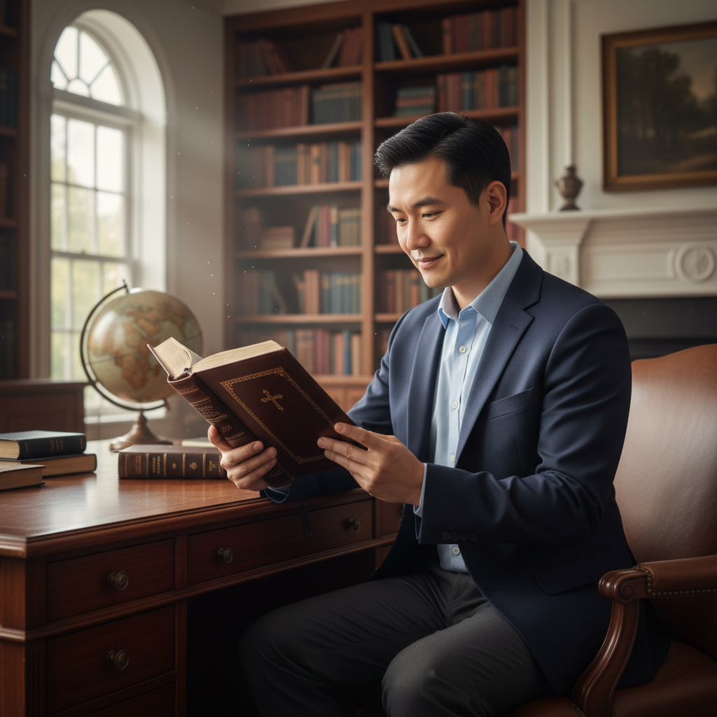 A person thoughtfully reading a Bible at a desk in a calm, well-lit study.