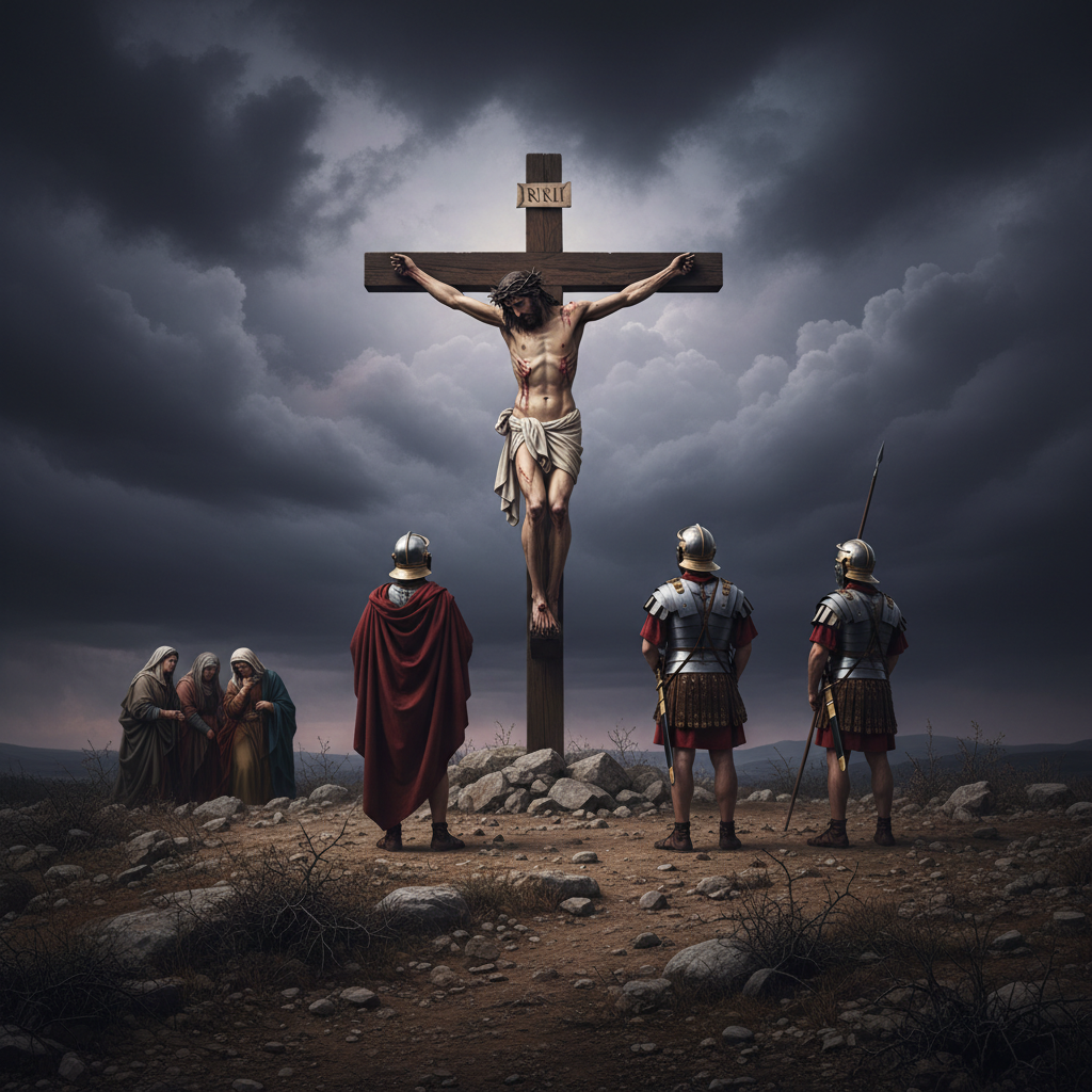 A photorealistic depiction of the crucifixion of Jesus Christ on a wooden cross, with Roman soldiers standing nearby under a somber sky.