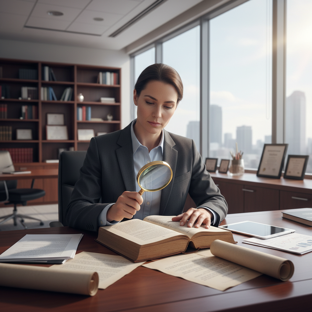 A professional examining an old book in a library, symbolizing historical research and critical inquiry.