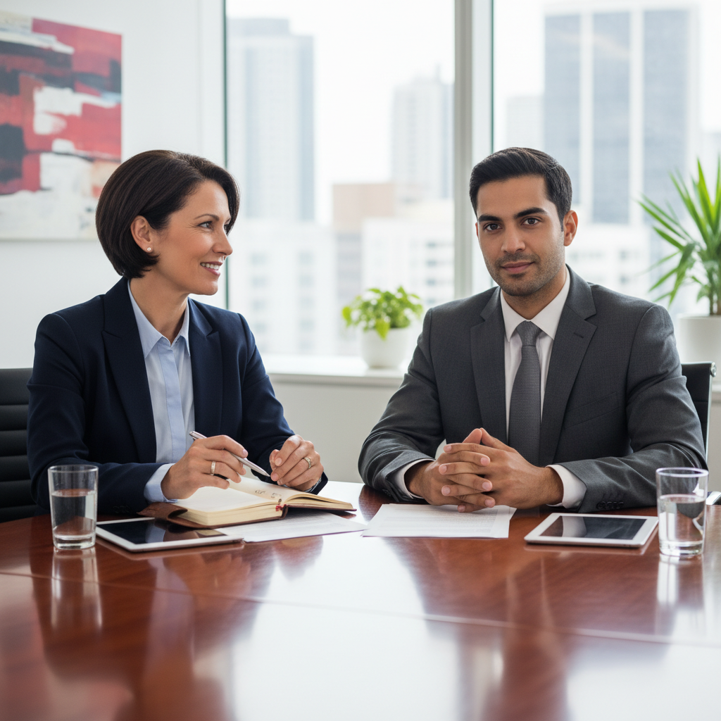 A professional female hiring manager interviewing a male candidate in a modern office setting.