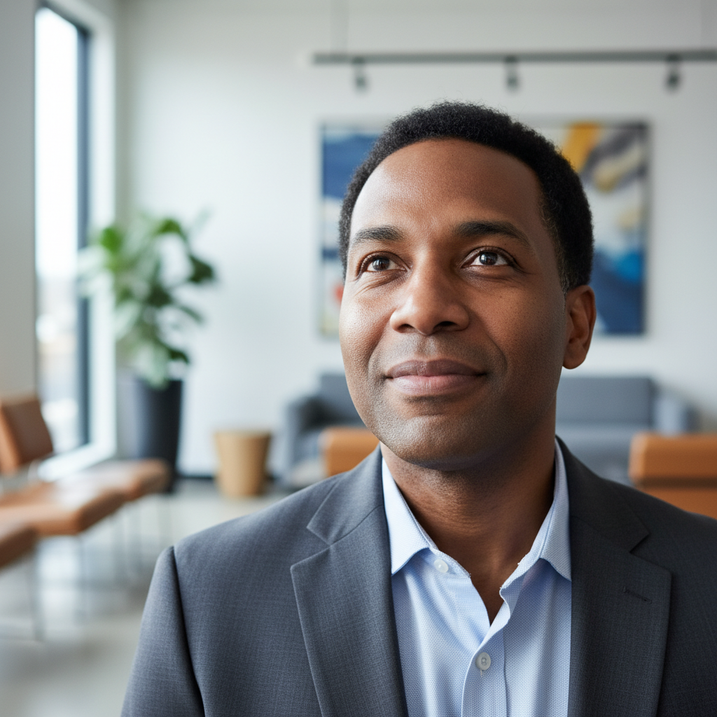 A professional individual with a serene, hopeful, and inspired expression, reflecting deep peace and conviction.