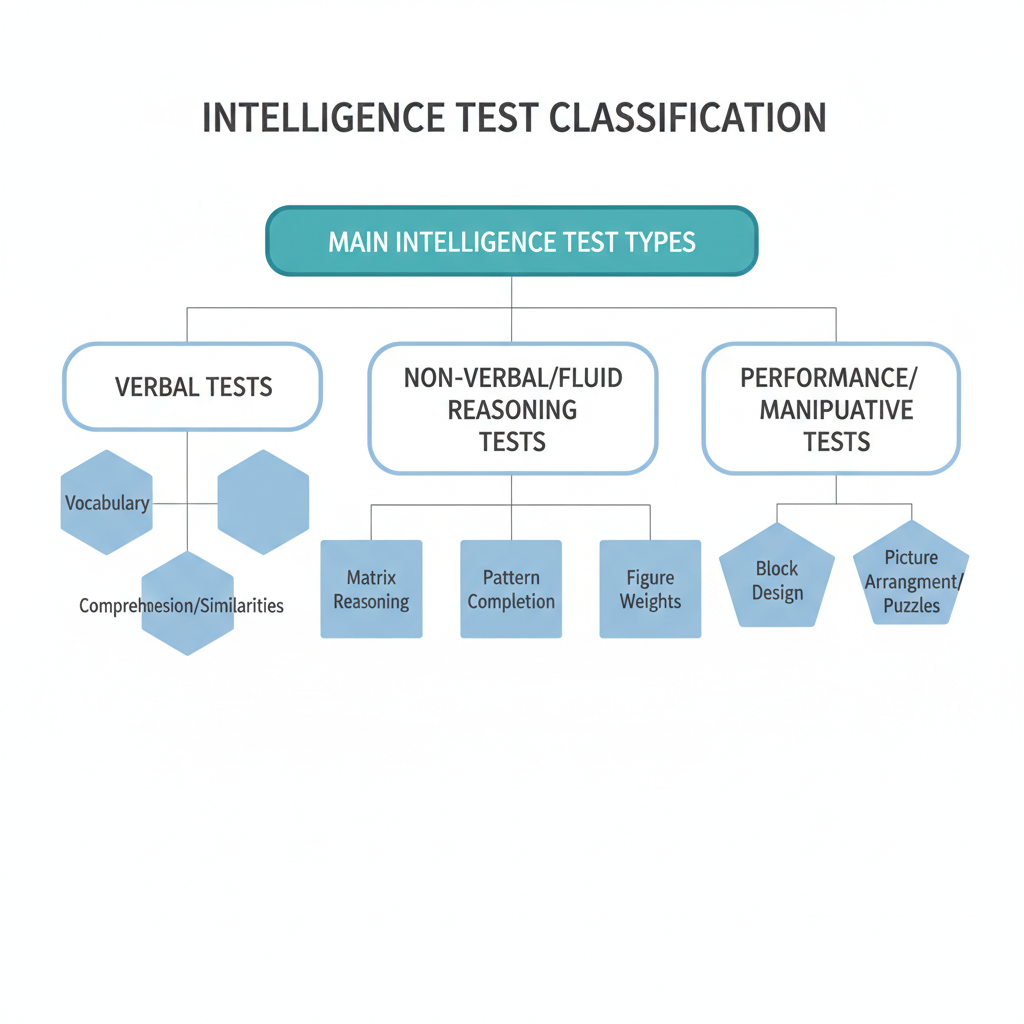 A professional infographic chart categorizing the main types of intelligence tests in psychology, presented with clean geometric shapes and labels.