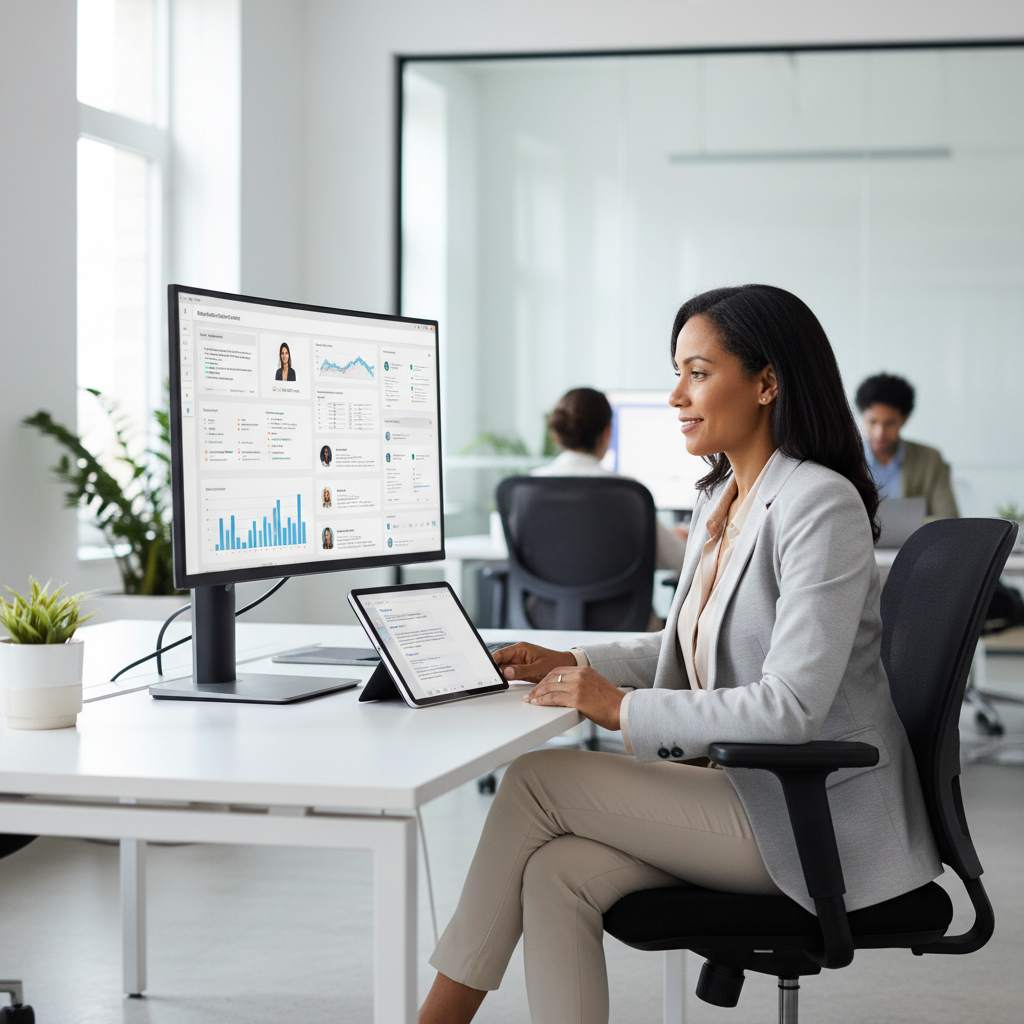 A professional woman, an influencer manager, intently reviews social media analytics and manages communications on her computer and tablet.