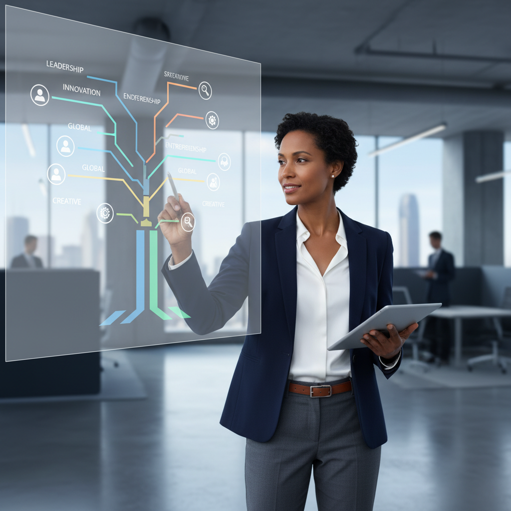 A professional woman in an office setting looking at a digital screen that visually represents diverse career opportunities for influencers.