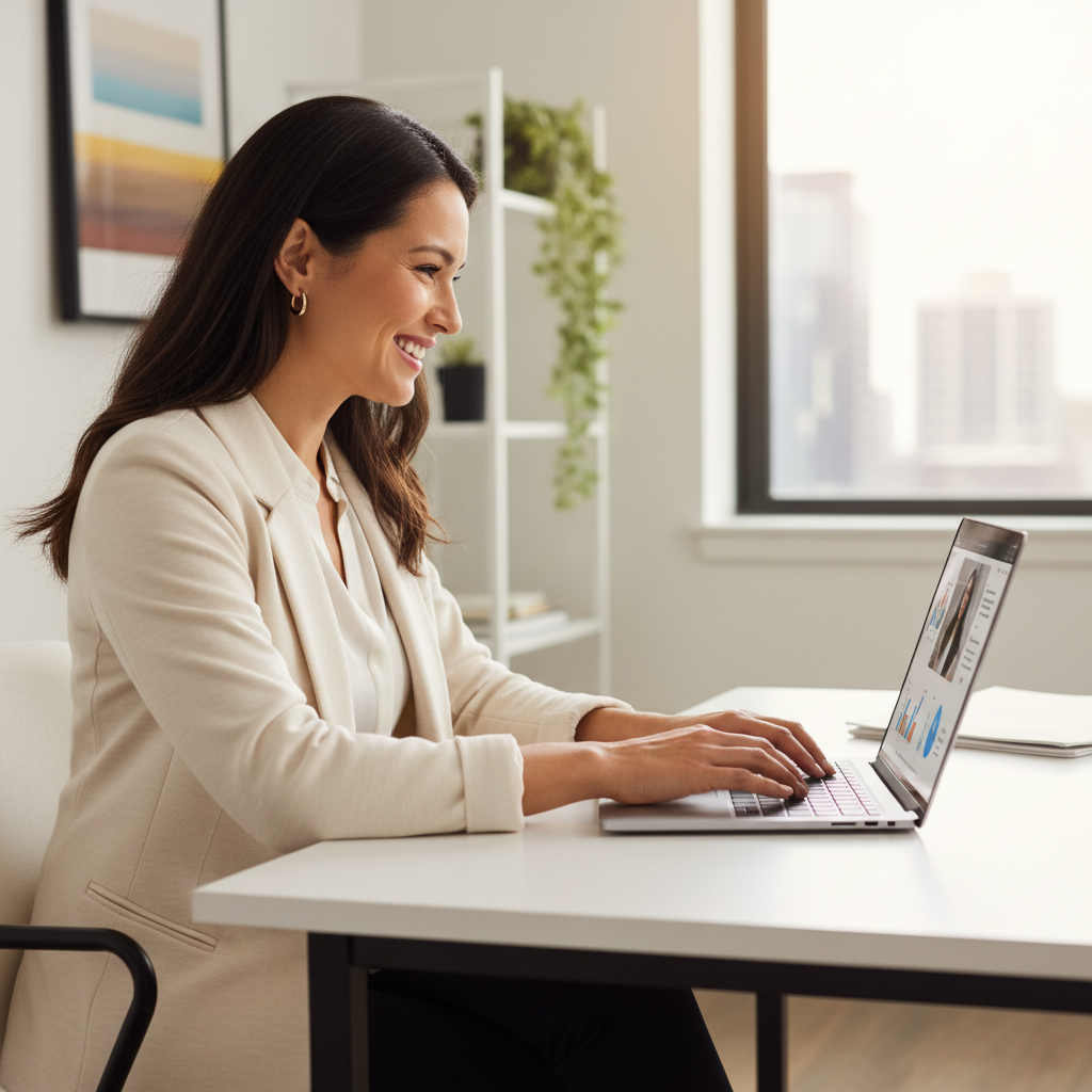 A professional woman smiling while working on a laptop in a modern home office, symbolizing the growth of remote jobs.