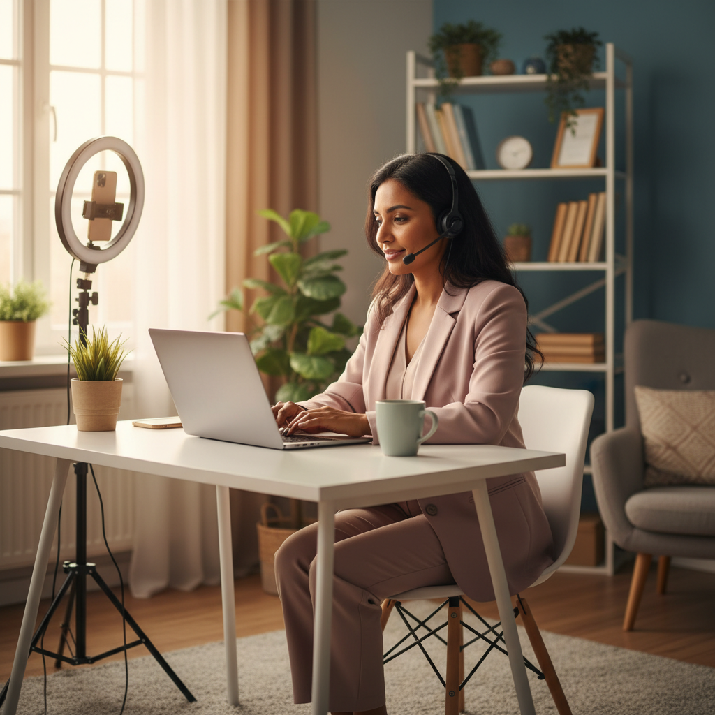 A professional working productively from a well-appointed home office, highlighting remote influencer job opportunities.