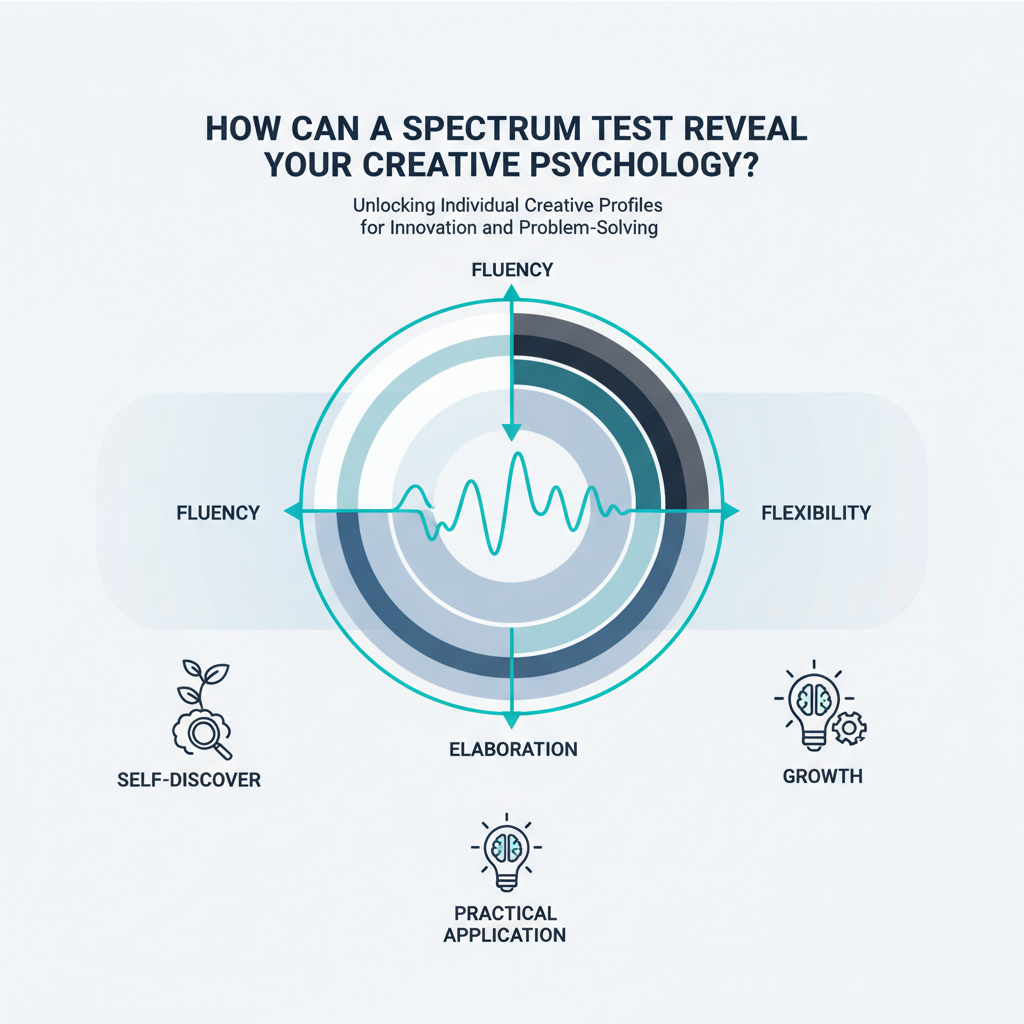 A radar chart-style infographic illustrating how a spectrum test maps different dimensions of creative psychology, such as fluency and originality, on a competency graph.