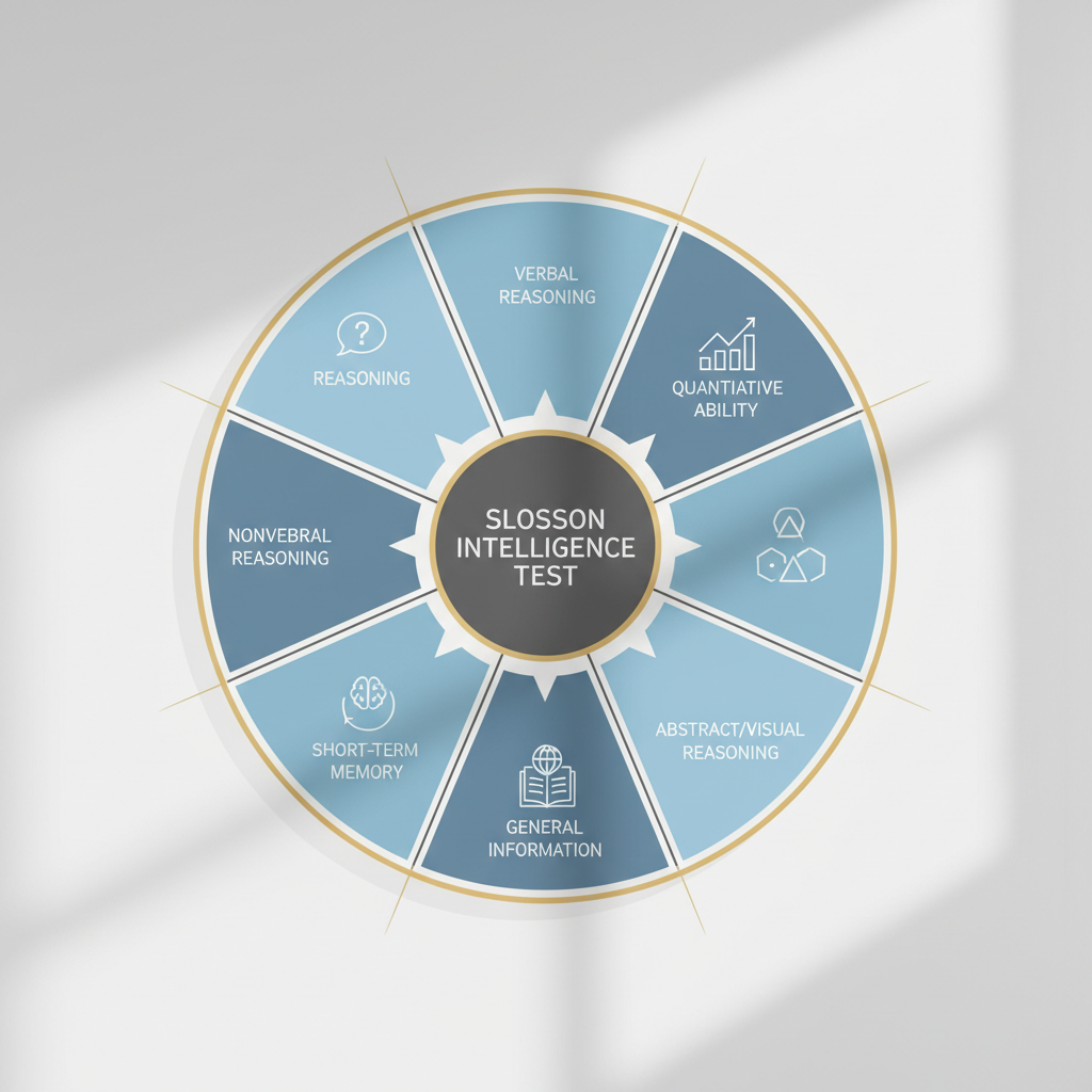 A radial infographic chart displaying a central hub with spokes extending to labeled sections, each representing a key cognitive area measured by the Slosson Intelligence Test.