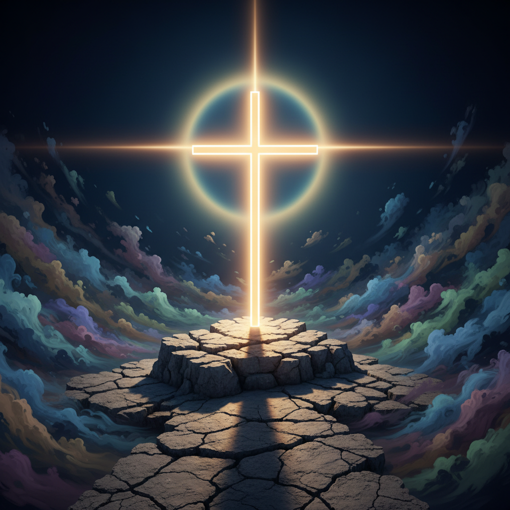A radiant, luminous cross standing firmly on solid bedrock, with swirling, abstract forms representing diverse beliefs in the background, symbolizing unchanging truth.