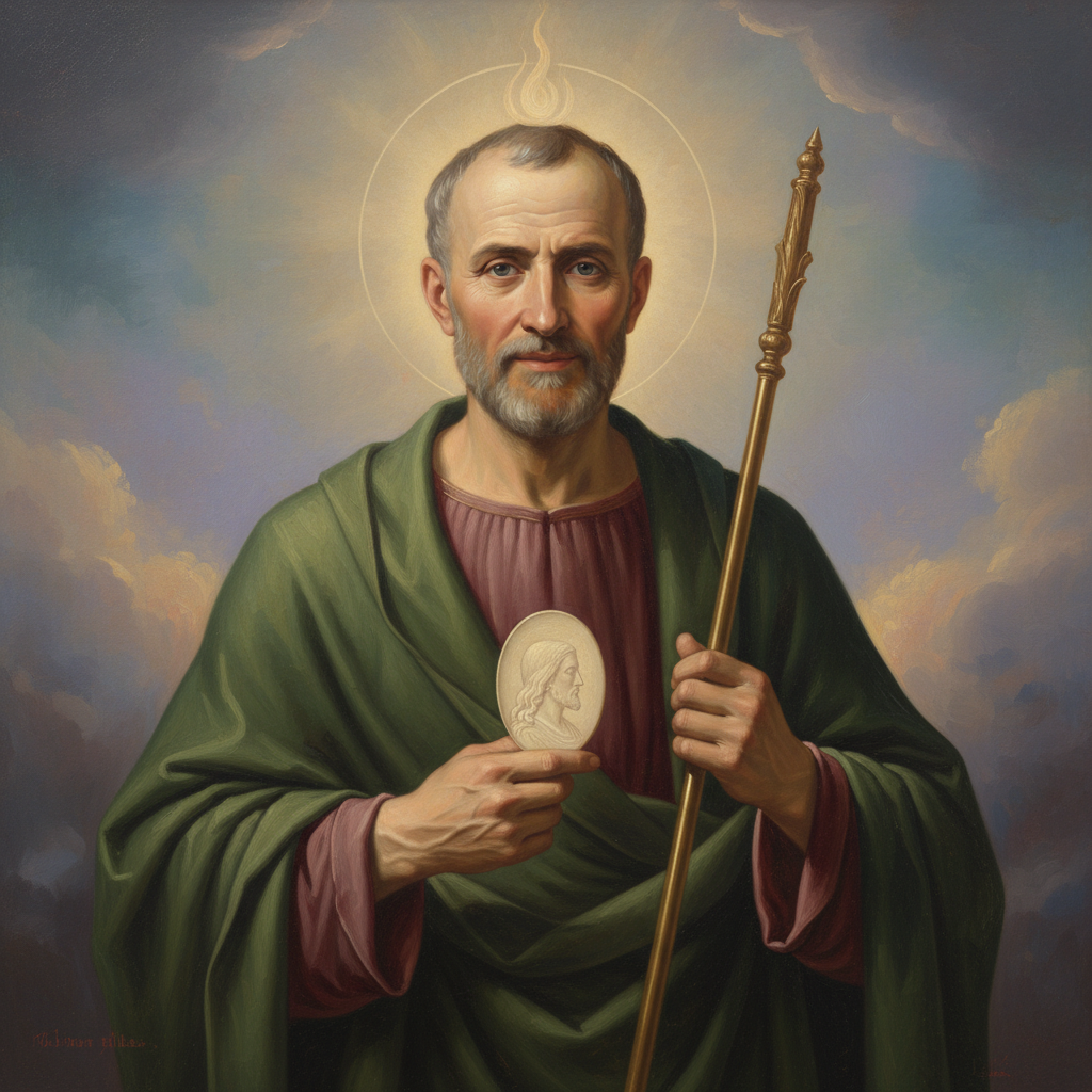 A reverent depiction of Saint Jude Thaddeus holding a staff, with a subtle flame above his head, in soft, spiritual light.