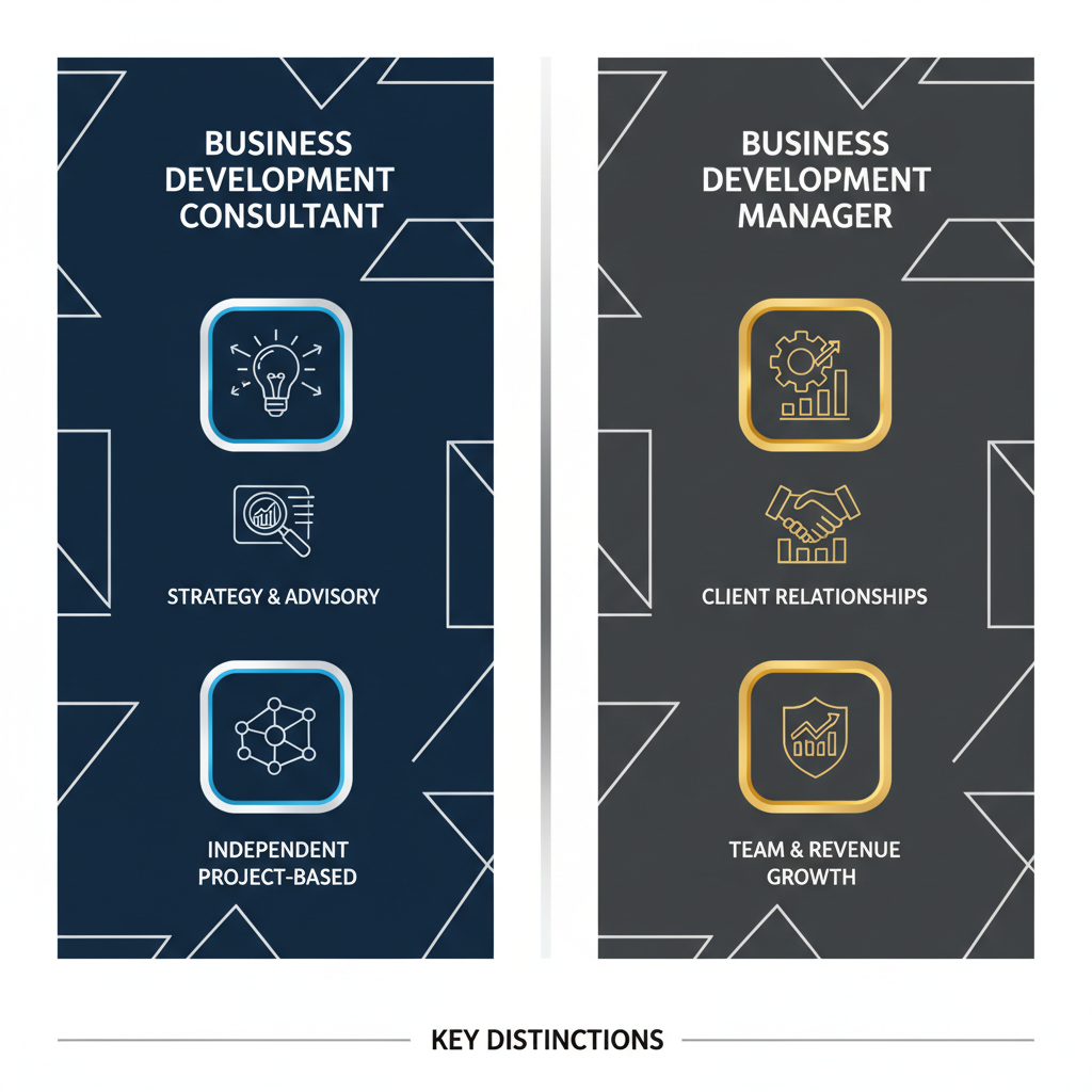 A side-by-side infographic comparing a Business Development Consultant and a Business Development Manager, using minimalist abstract icons and geometric shapes to highlight their distinct roles and responsibilities.