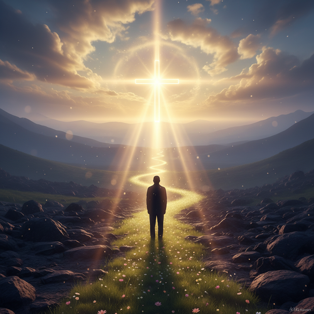 A silhouetted figure on a dark path looking towards a radiant cross on the horizon, symbolizing salvation and hope.