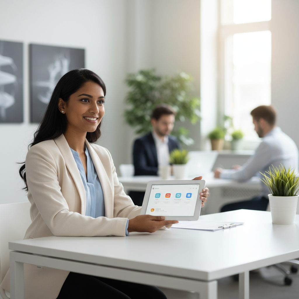 A smiling young woman in a modern office, holding a tablet, representing a Junior Influencer Marketing Manager.