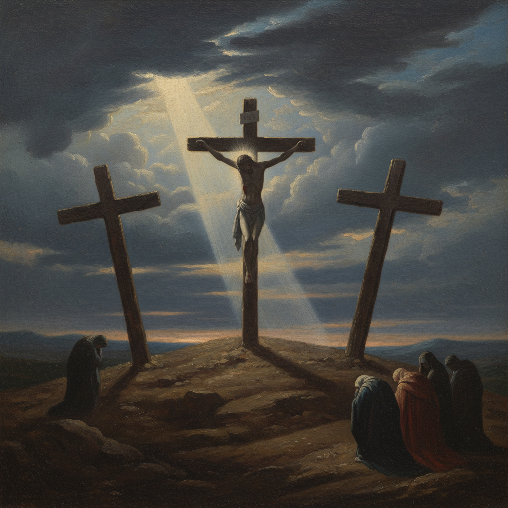 A solemn depiction of three crosses on Golgotha under a dark, dramatic sky, emphasizing the central cross.