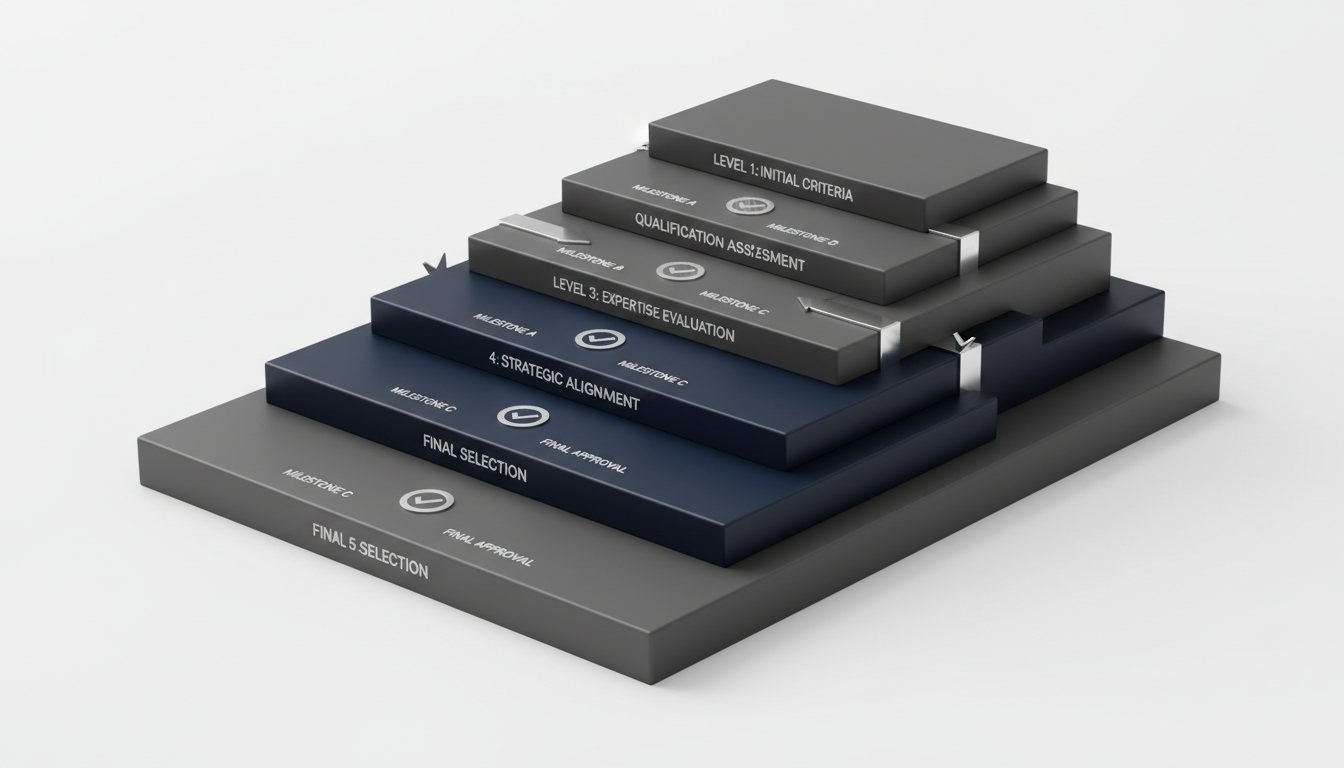 A step-based hierarchical diagram illustrating a selection framework using layered navy and charcoal 3D platforms.