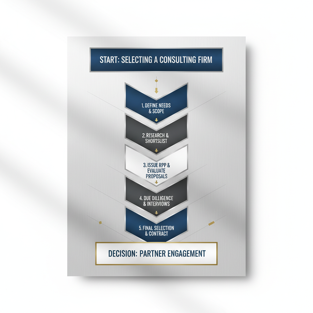 A step-by-step infographic demonstrating a linear progression of geometric shapes and arrows, outlining the process for choosing a business consulting firm, in a minimalist style with navy, charcoal, and gold accents.