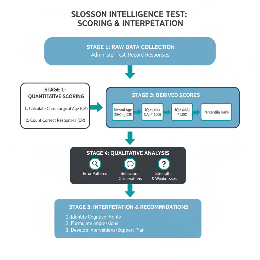 A step-by-step infographic showing a clear, linear progression through distinct stages, illustrating the scoring and interpretation process for the Slosson Intelligence Test.