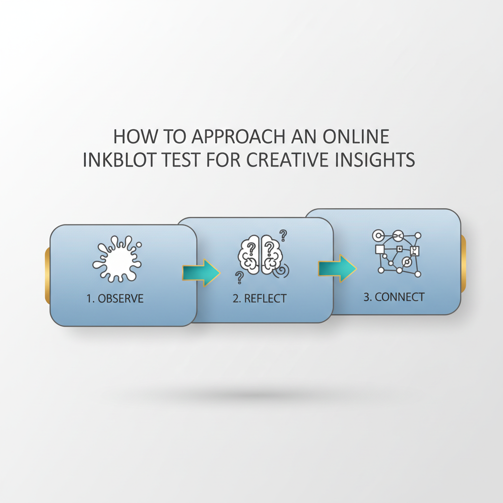 A step-by-step infographic showing how to approach an online inkblot test for creative insights, with distinct stages like 'Observe', 'Reflect', and 'Connect'.